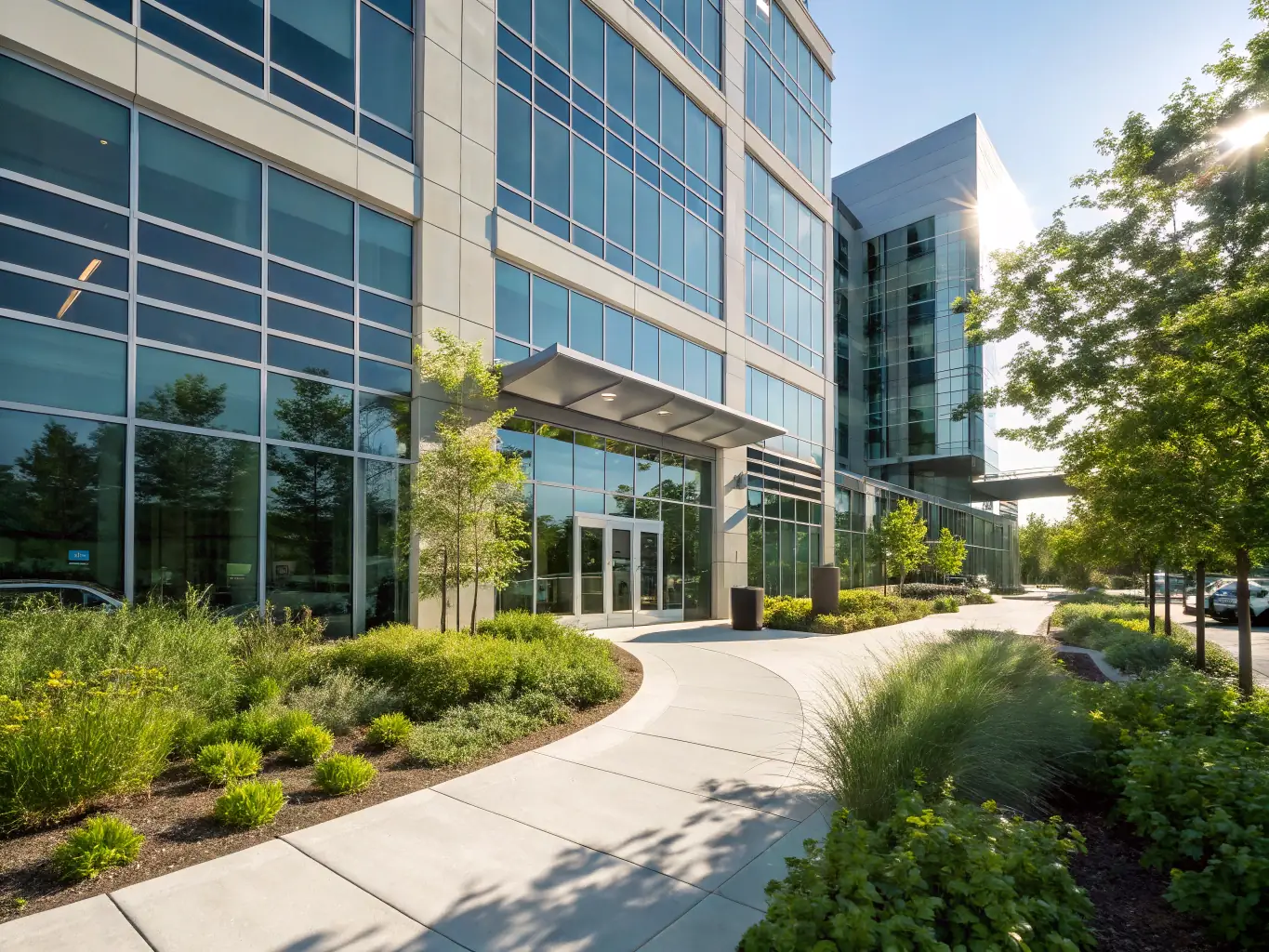 An exterior shot of a newly completed office building, highlighting the architectural design and structural integrity achieved by Hunter Paige Construction.