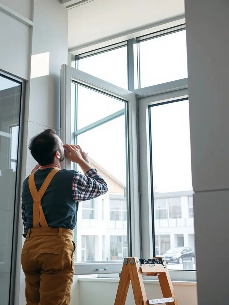 A craftsman is installing energy-efficient windows in a residential home, highlighting Hunter Paige Construction's commitment to sustainable building practices.
