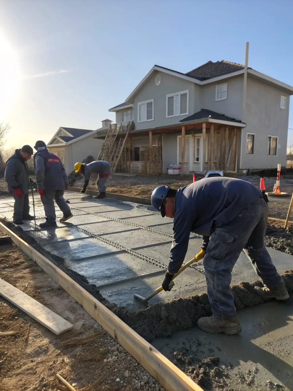 A team of construction workers is pouring a concrete foundation for a new building, demonstrating Hunter Paige Construction's expertise in foundational work.
